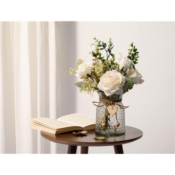 White Silk Roses in Vase Artificial Flowers Table Centerpiece Home Decor - Picture 3 of 7